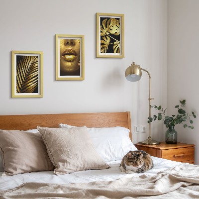 Framed triptych Palm leaves woman's face monstera leaves
