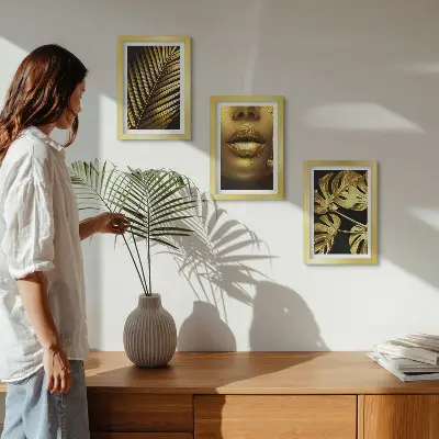 Palm leaves and woman's face triptych framed, with monstera leaves art