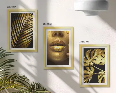 Palm leaves and woman's face triptych framed, with monstera leaves art