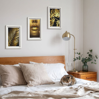 Framed triptych Palm leaves woman's face monstera leaves