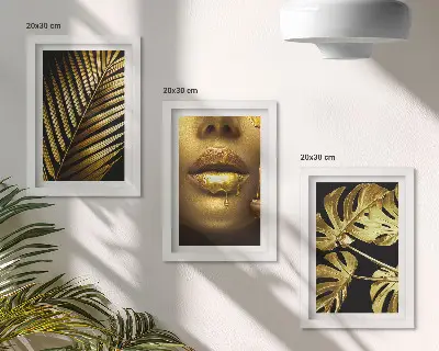 Palm leaves and woman's face triptych framed, with monstera leaves art