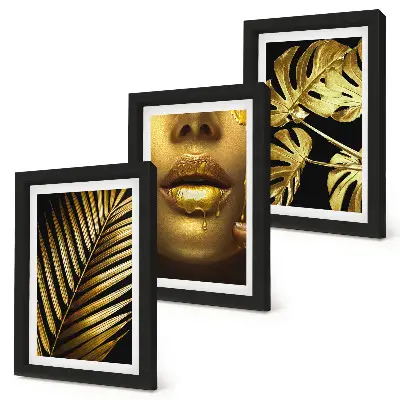 Palm leaves and woman's face triptych framed, with monstera leaves art
