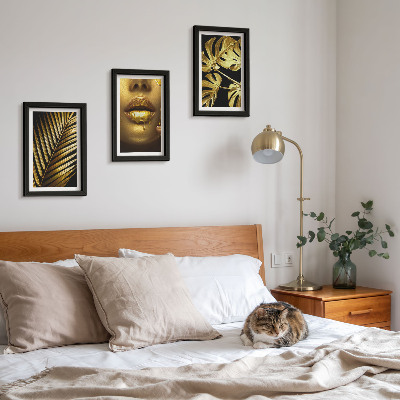 Framed triptych Palm leaves woman's face monstera leaves