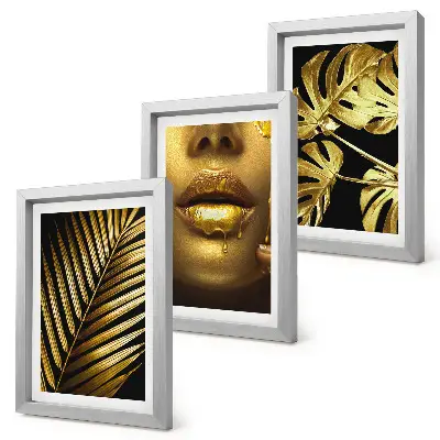 Palm leaves and woman's face triptych framed, with monstera leaves art