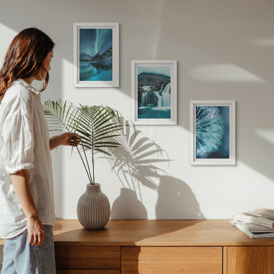 Photo frame wall Winter landscapes with waterfalls and aurora borealis