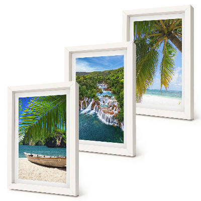 Framed triptych Beach with boat, waterfalls and palm trees in the tropics