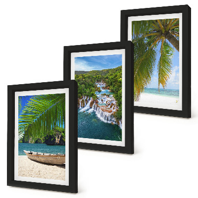 Framed triptych Beach with boat, waterfalls and palm trees in the tropics