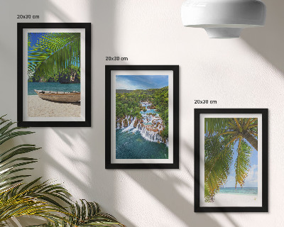 Framed triptych Beach with boat, waterfalls and palm trees in the tropics