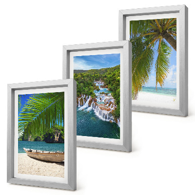 Framed triptych Beach with boat, waterfalls and palm trees in the tropics