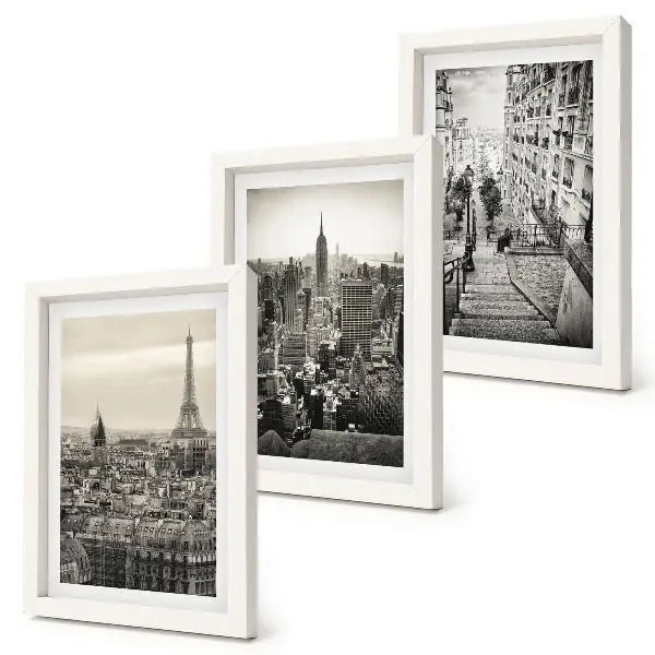 3-piece wall art set city views of Paris and New York alongside charming stairs