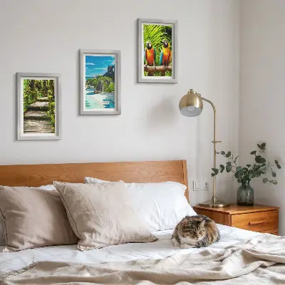 Photo frame wall Tropical forest with a waterfall and colorful parrots