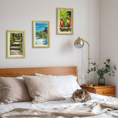 Photo frame wall Tropical forest with a waterfall and colorful parrots