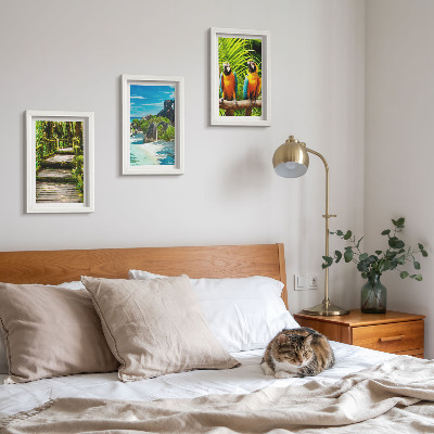 Photo frame wall Tropical forest with a waterfall and colorful parrots
