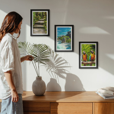Photo frame wall Tropical forest with a waterfall and colorful parrots
