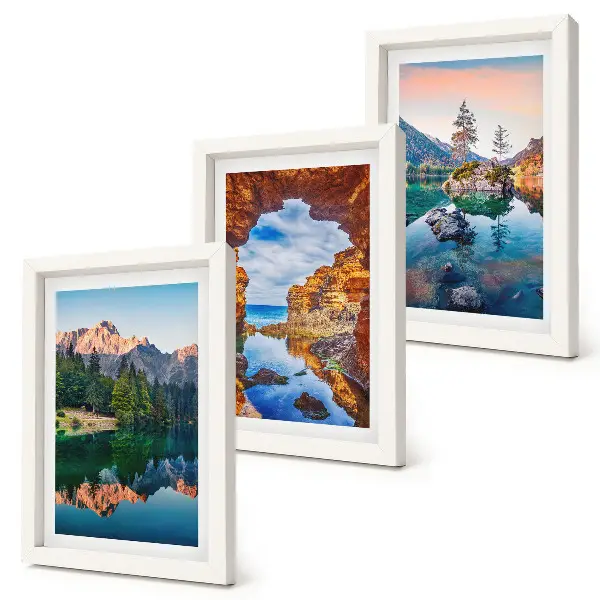 Mountain lakes triptych wall art with reflections in water and rocks