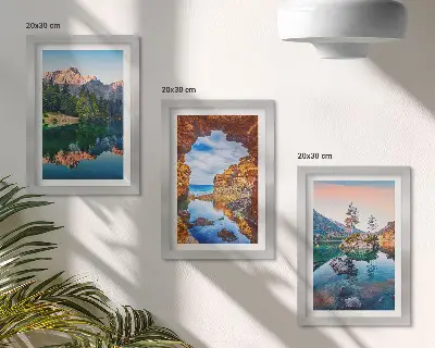 Mountain lakes triptych wall art with reflections in water and rocks