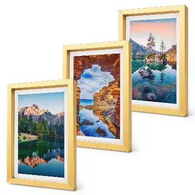 Mountain lakes triptych wall art with reflections in water and rocks