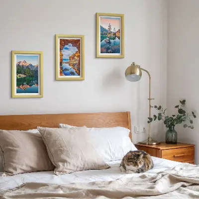 Mountain lakes triptych wall art with reflections in water and rocks