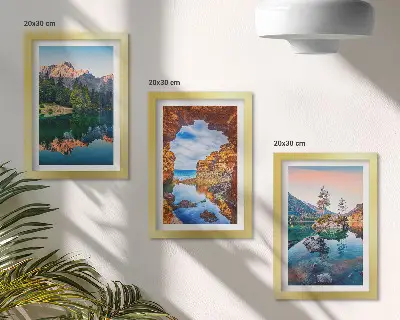 Mountain lakes triptych wall art with reflections in water and rocks