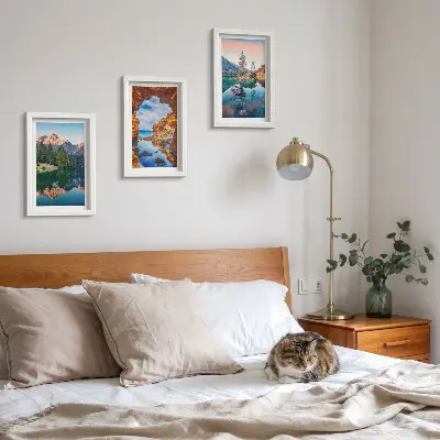 Mountain lakes triptych wall art with reflections in water and rocks