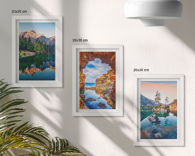 Framed triptych Mountain lakes with reflections in the water and rocks