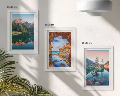 Mountain lakes triptych wall art with reflections in water and rocks