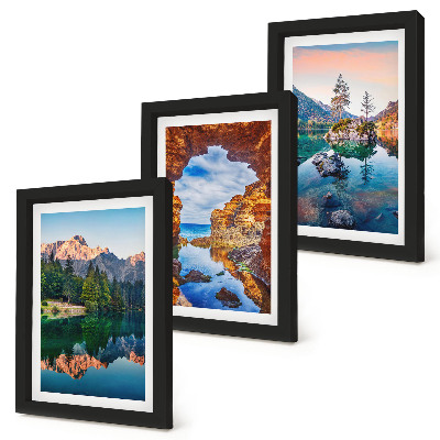 Framed triptych Mountain lakes with reflections in the water and rocks