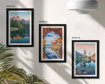 Mountain lakes triptych wall art with reflections in water and rocks
