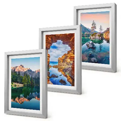 Mountain lakes triptych wall art with reflections in water and rocks