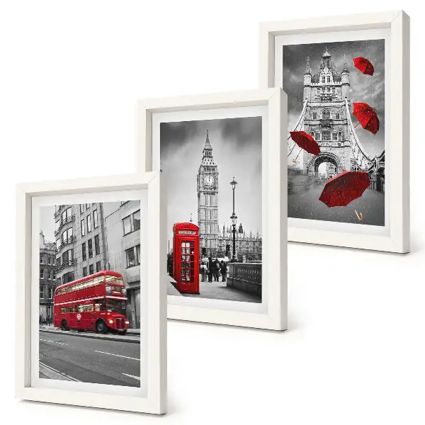 3-piece wall art set featuring red accents and famous London buildings