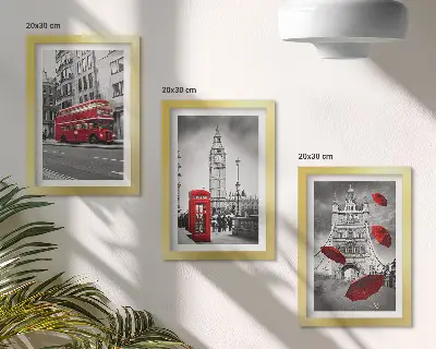 3-piece wall art set featuring red accents and famous London buildings