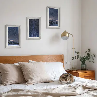 Photo frame wall set night sky with stars and mountain landscape design