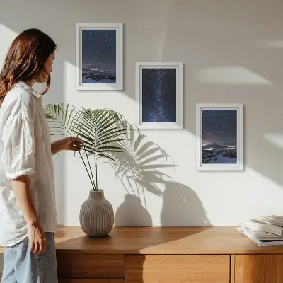 Photo frame wall set night sky with stars and mountain landscape design