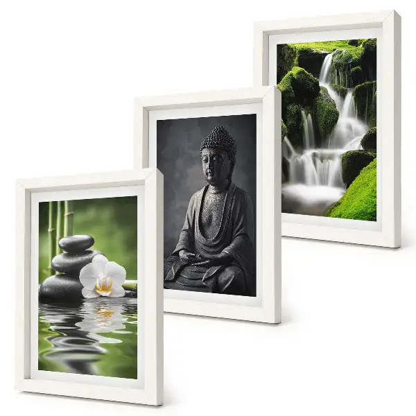 Relaxing Zen triptych wall art featuring water, stones, and Buddha