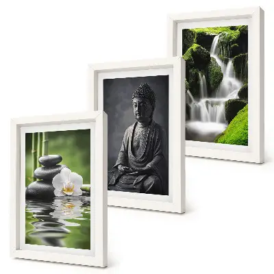 Relaxing Zen triptych wall art featuring water, stones, and Buddha