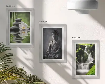 Relaxing Zen triptych wall art featuring water, stones, and Buddha