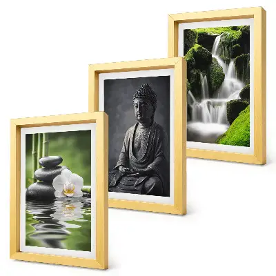 Relaxing Zen triptych wall art featuring water, stones, and Buddha