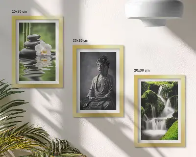 Relaxing Zen triptych wall art featuring water, stones, and Buddha
