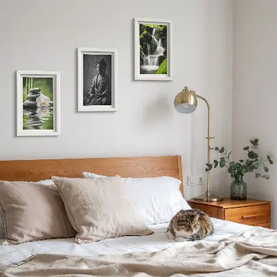 Relaxing Zen triptych wall art featuring water, stones, and Buddha