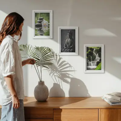 Relaxing Zen triptych wall art featuring water, stones, and Buddha