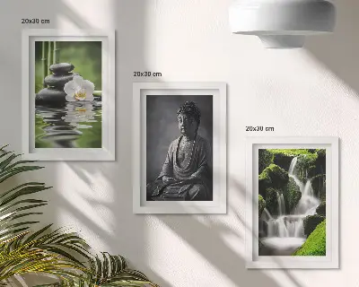 Relaxing Zen triptych wall art featuring water, stones, and Buddha