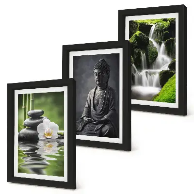 Relaxing Zen triptych wall art featuring water, stones, and Buddha