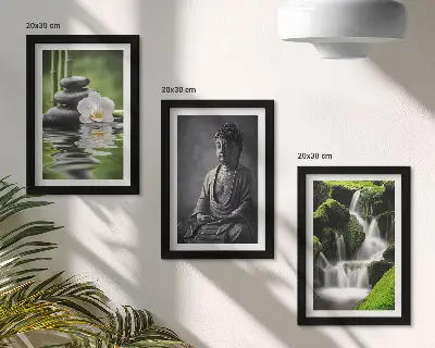 Relaxing Zen triptych wall art featuring water, stones, and Buddha