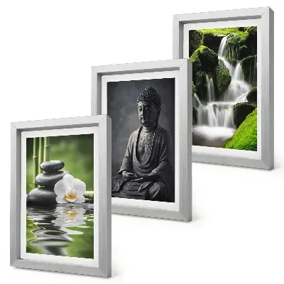 Relaxing Zen triptych wall art featuring water, stones, and Buddha