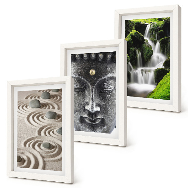 3-piece wall art set The peace of nature with stones, a waterfall and Buddha