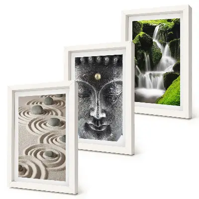 3-piece wall art set featuring a peaceful waterfall with stones and a Buddha statue