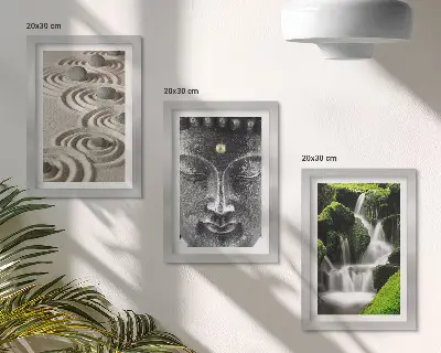 3-piece wall art set featuring a peaceful waterfall with stones and a Buddha statue