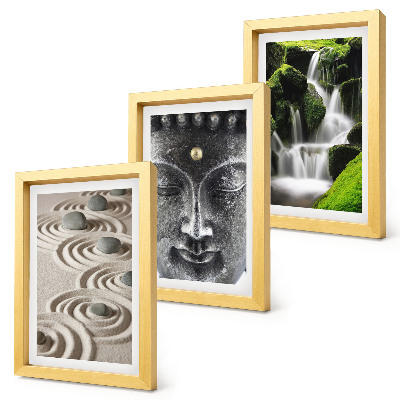 3-piece wall art set The peace of nature with stones, a waterfall and Buddha
