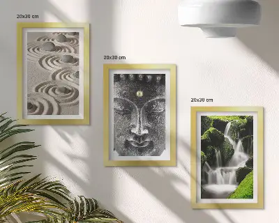3-piece wall art set featuring a peaceful waterfall with stones and a Buddha statue