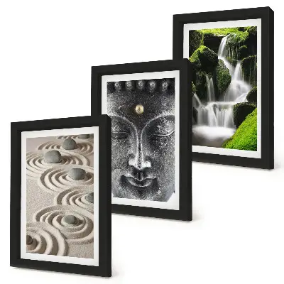 3-piece wall art set featuring a peaceful waterfall with stones and a Buddha statue